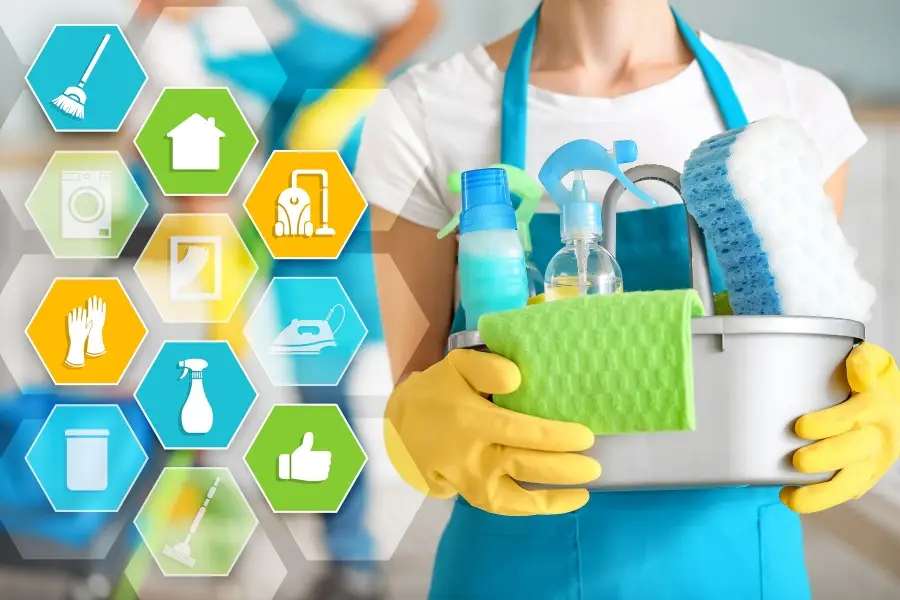 Female Janitor with Supplies and Cleaning Service Icons