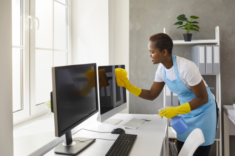 Happy Woman from Janitorial Cleaning Service Wiping Computer Screens in Modern Office