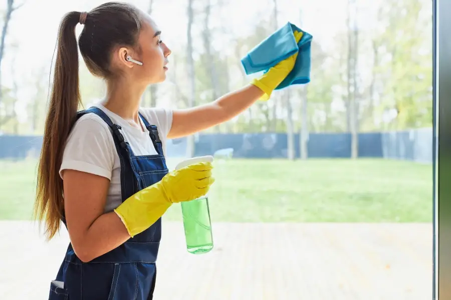 Modern young cleaning service washing window