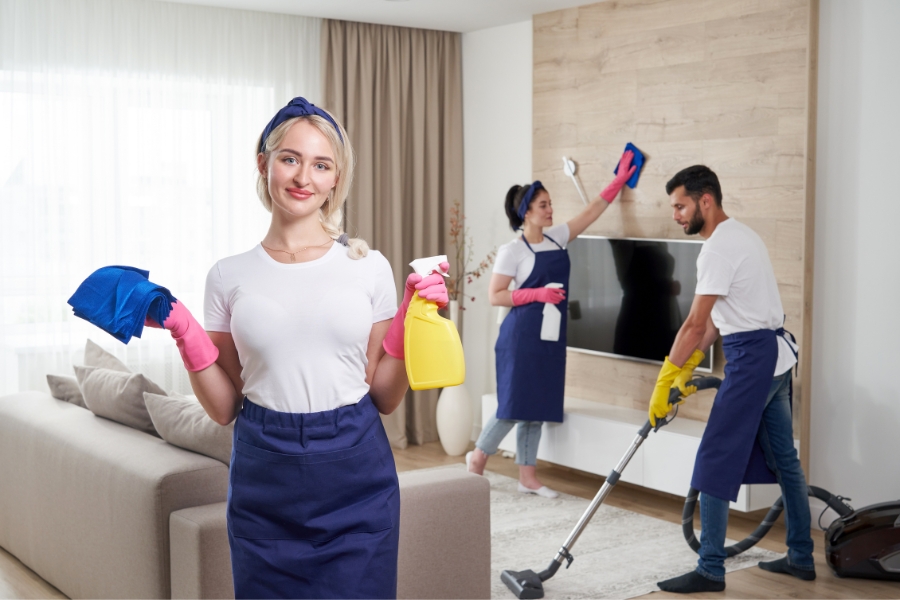 Professional cleaning service team cleans living room in modern apartment